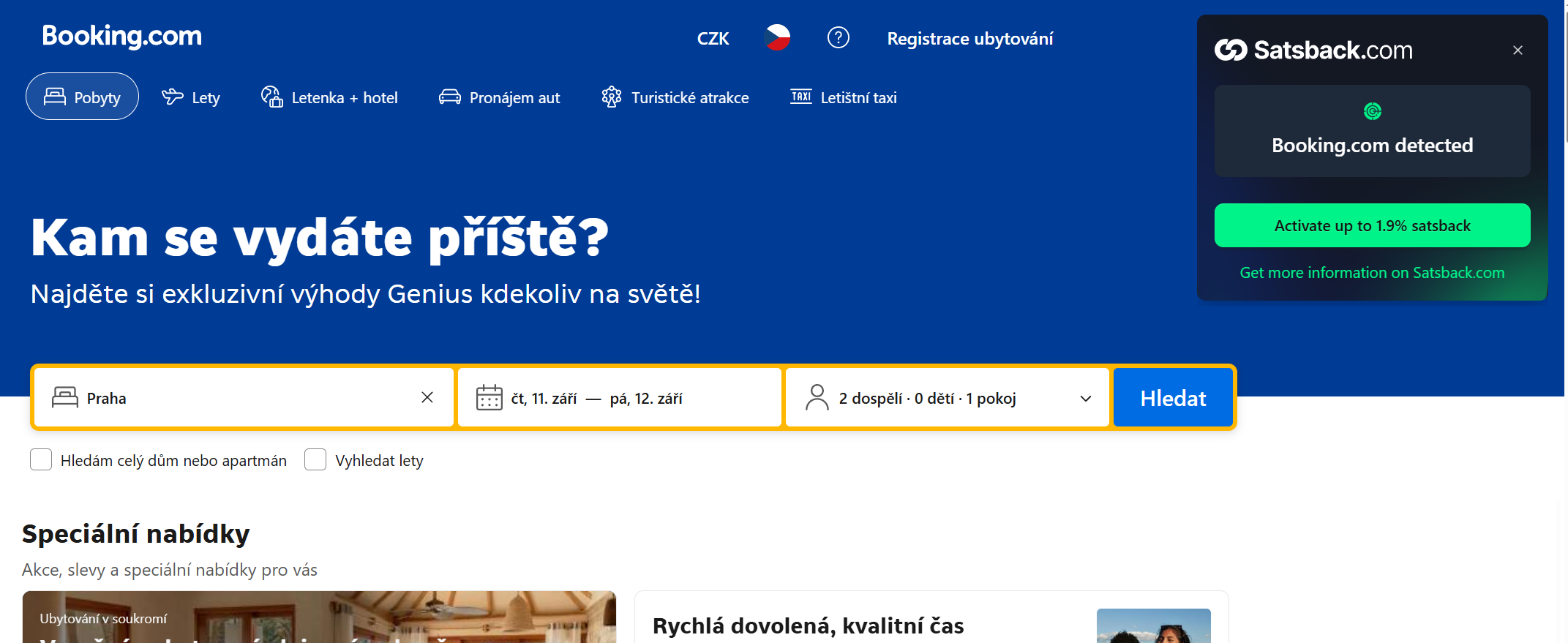 Ukázka pluginu Satsback.com na Booking.com